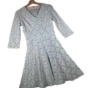 Vintage Teena Paige Blue White Floral Lace Fit Flare Dress V-Neck‎ 11 Authentic